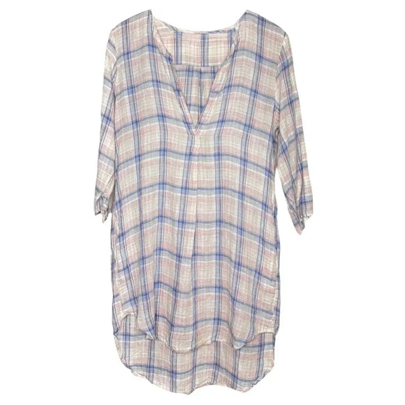CP Shades Pastel Plaid Linen Split Neck Long Tunic Top Size XS - Picture 2 of 8